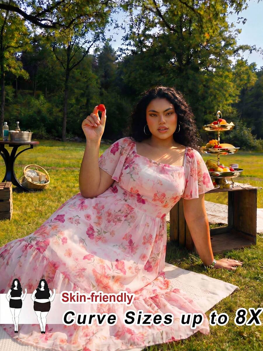 SHEIN CURVE+ Đầm cỡ lớn CURVE PLUS /Ngày Valentine/Đầm mùa hè cỡ lớn dành cho nữ, họa tiết hoa xanh trắng cổ điển, tay bồng, eo chun, thanh lịch, lãng mạn, thích hợp cho các dịp lễ hội và hẹn hò, đầm đi biển, đầm mùa hè, trang phục ngày lễ phong cách Boho - Hồng - Xem 1
