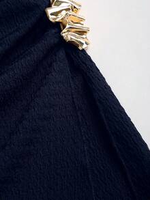 Sweetra Women's Sexy Crop Top With Ruched Detail And Slit - Navy Blue - View 4