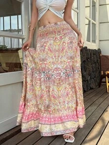 Sunnyshic Chân váy xếp ly cạp thấp họa tiết Paisley, kiểu dáng bohemian thanh lịch, thích hợp cho kỳ nghỉ hè, đi biển, thời trang thường ngày cho nữ. - Hồng - Xem 5