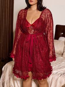 Slumberist 2pcs Sexy Lace Camisole & Robe Set, Elegant Sleepwear - Burgundy - View 4