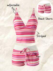 Swim Vcay Bộ bikini hai dây dáng lửng, họa tiết sọc nhiều màu sắc, kiểu dáng mới năm 2026 dành cho nữ, thích hợp cho kỳ nghỉ hè ở bãi biển, kèm nơ thắt eo, và cạp thấp. - Nhiều màu - Xem 3