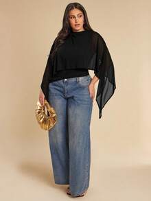 SHEIN BAE 大码女式纯色休闲百搭日常上衣 - 黑色 - 查看 5