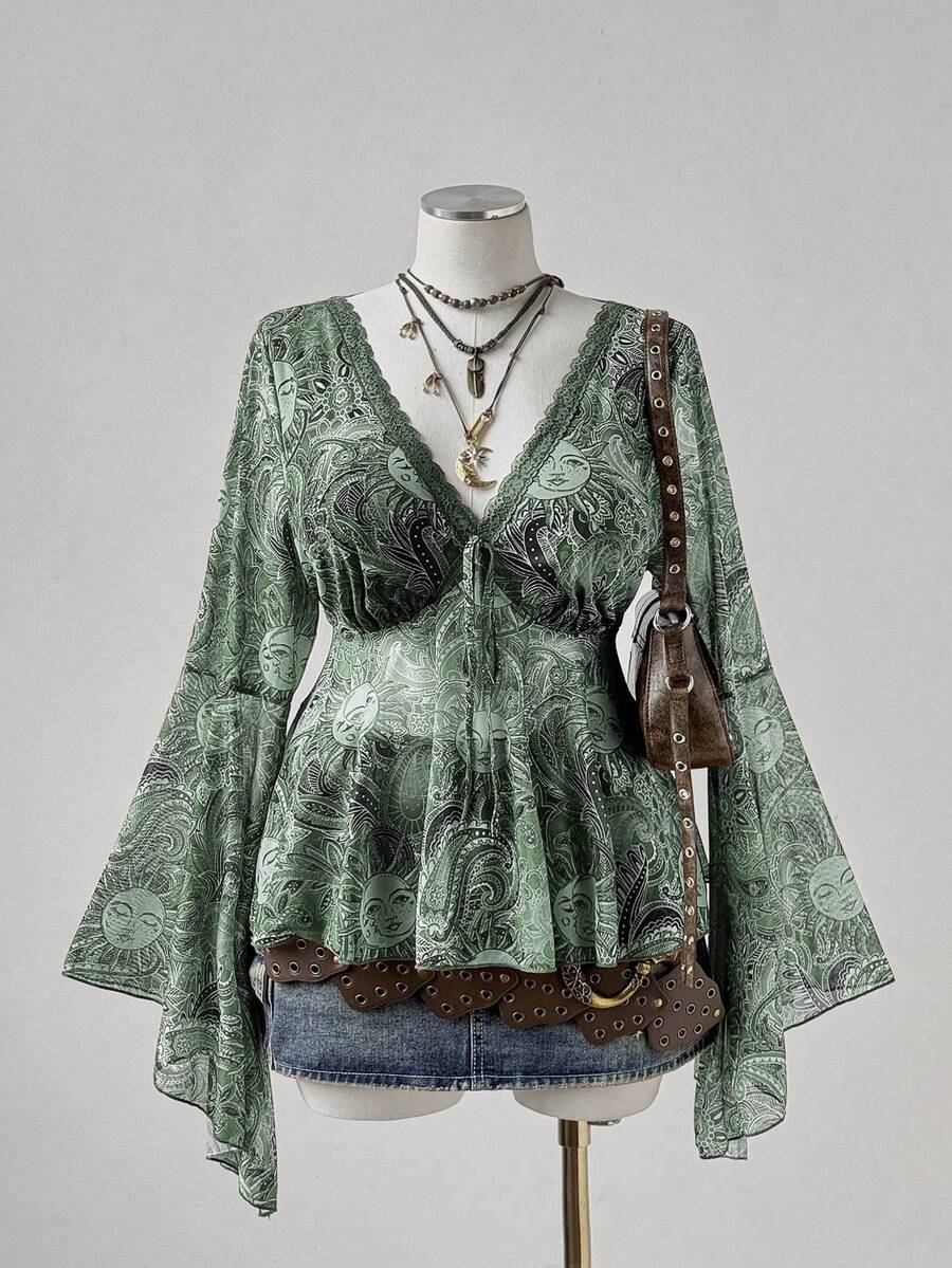 Sunspun Blus A-Line Wanita Ukuran Plus Motif Paisley Matahari, Leher V, Lengan Lebar, Pinggang Ramping - MultiWarna - View 1