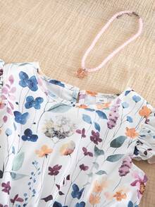 SHEIN Elladie kids 少女印花复古图案短袖收腰连衣裙 - 白色 - 查看 7