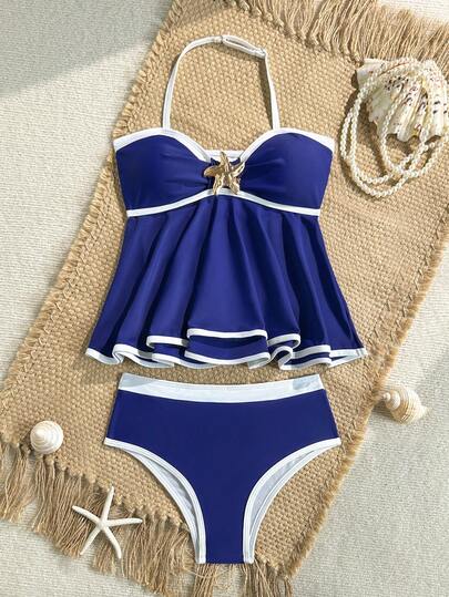 SHEIN Conjunto de bikini de tirantes finos con contraste de color azul marino y blanco, estilo minimalista y sólido, para niñas preadolescentes. Conjunto de traje de baño casual de playa y vacaciones, nueva llegada de moda de verano, traje de baño de dos piezas para adolescentes