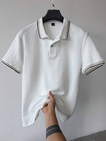 Manfinity CasualCool 男士字母印花休闲多功能通勤短袖Polo衫，白色上衣，男士针织Polo衫，男士休闲上衣，适合日常休闲、周末郊游、户外活动、旅行、轻松的工作环境或半正式场合，可作为男友/丈夫礼物、周年纪念/生日礼物、派对、暑假、新年、婚礼、情人节等场合穿着。