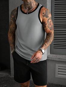 Manfinity CasualCool 男士舒适罗纹圆领背心套装（2件装）搭配纯色抽绳弹力腰短裤，休闲度假、派对、聚会、运动、简约办公皆宜，经典日系畅销背心短裤套装，自穿或送礼皆可，春夏款。 - 彩色 - 查看 5