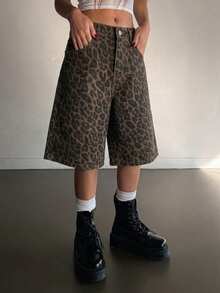 DAZY Women's Casual Leopard Print Wide Leg Denim Shorts, Summer - Coffee Brown - View 4