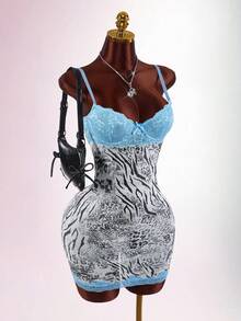 Amplova Lace Cup Detail Leopard Print Mesh Bodycon Mini Dress,Dresses For Women Summer - Brown - View 8