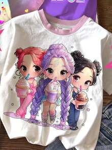 3pcs/Set Young Girl Cartoon Character Print Colorful Gradient Short Sleeve Basic T-Shirts, Suitable For Spring And Summer, Featuring K-Pop Superstars - Multicolor - View 5