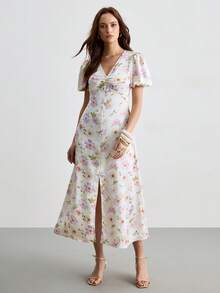 CielaLinda Đầm maxi ngắn tay bồng bằng vải satin họa tiết hoa dành cho nữ, xẻ tà. - Nhiều màu - Xem 5