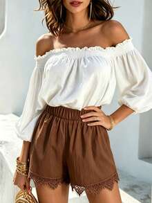 EMERY ROSE Women's Solid Color Elastic Waist Contrast Lace Loose Shorts - Coffee Brown - View 5