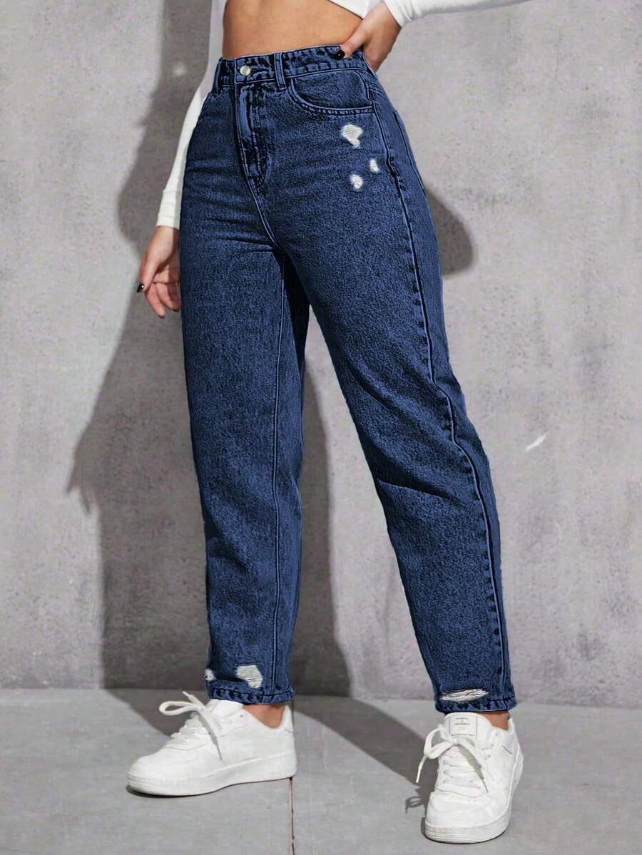 Jeanoix Plus Size Women Casual Vacation Street Ripped Loose Fit Light Grey Denim Jeans - Blue - View 1