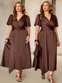 Roveilla Women's Spring/Summer Elegant Delicate Acetate Single-Sided Linen Music Festival Office Commute Casual Vacation Afternoon Tea Party Romantic High-End Sexy Shirred Ruched Waist Twist Knot A-Line Coffee Brown Long Dress - Coffee Brown - View 1