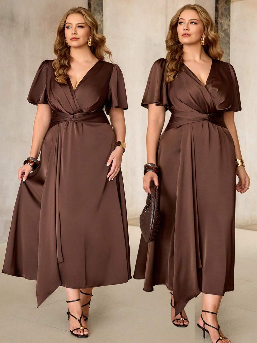 Roveilla Women's Spring/Summer Elegant Delicate Acetate Single-Sided Linen Music Festival Office Commute Casual Vacation Afternoon Tea Party Romantic High-End Sexy Shirred Ruched Waist Twist Knot A-Line Coffee Brown Long Dress - Coffee Brown - View 1