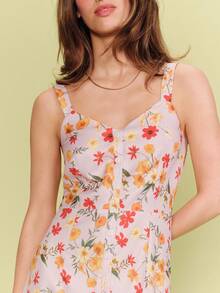 lacRébo Vestido midi con flores de lila, con botones delanteros y escote de corazón, vestido casual de primavera y verano para vacaciones, vestido con flores, vestido de estilo francés - Morado - Ver 3