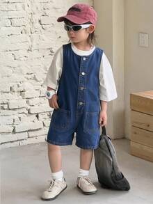 SHEIN Little Byeori Bộ áo liền quần không tay bằng vải denim màu xanh hải quân dáng rộng cho bé trai - Rửa tối - Xem 4