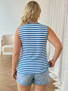 Comfylo Camiseta de tirantes de cuello redondo con estampado de barco a rayas para mujer de talla grande - Multicolor - Ver 2