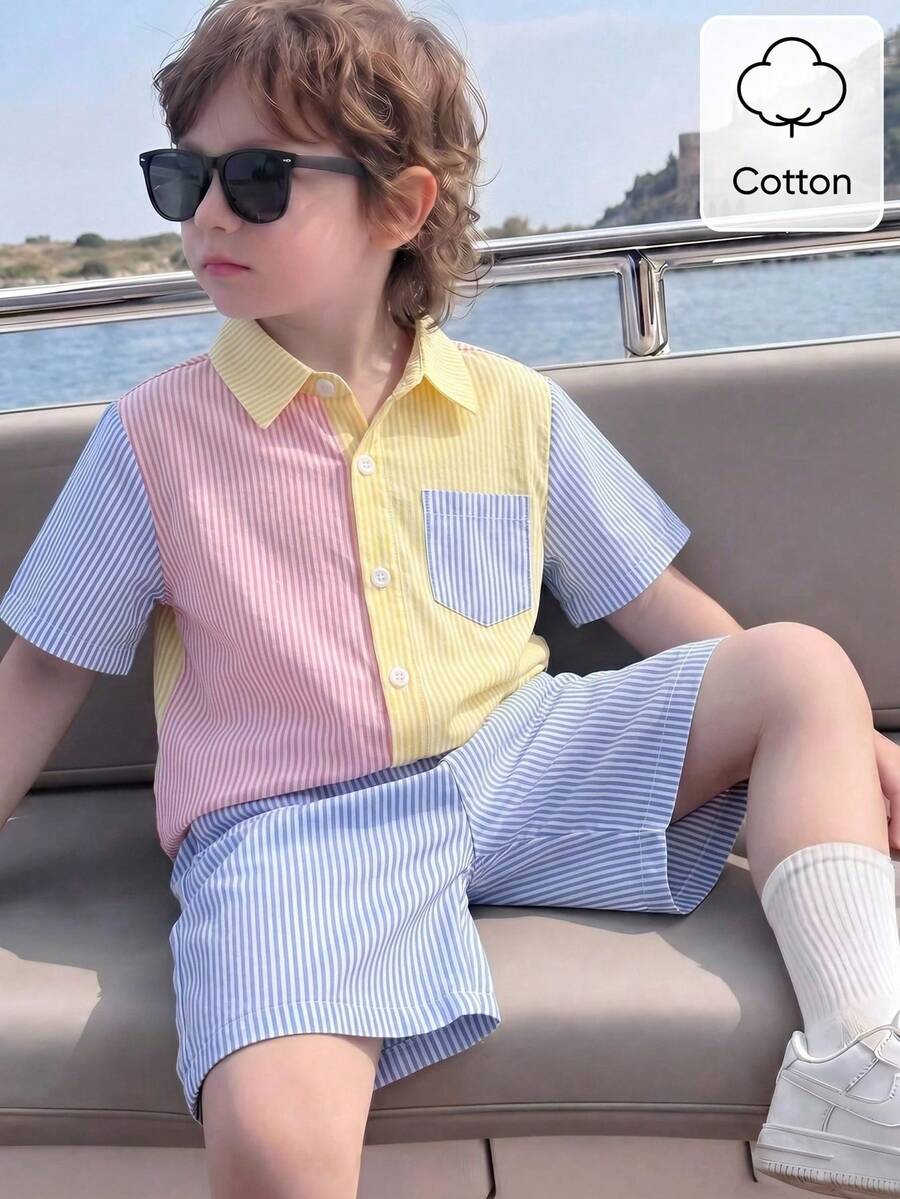 SHEIN Genkimix Kids 男童时尚拼接衬衫短裤套装,面料柔软舒适,适合外出、拍照、上学等各种场合,是幼儿男童夏季必备单品。 - 彩色 - 查看 1