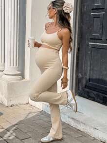 SHEIN Maternity Solid Color Sports Bra And Flare Pants Set,Word Cup - Khaki - View 13