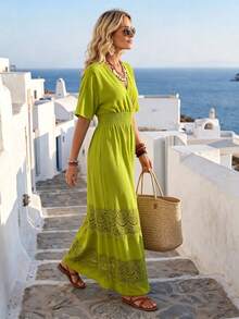 SHEIN Holidaya Women's Elegant Solid Color Contrast Lace Short Sleeve Dress, Summer - Green - View 5