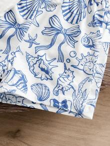 SHEIN Bộ áo thun và quần short in hình đại dương cho bé gái. - trắng - Xem 6