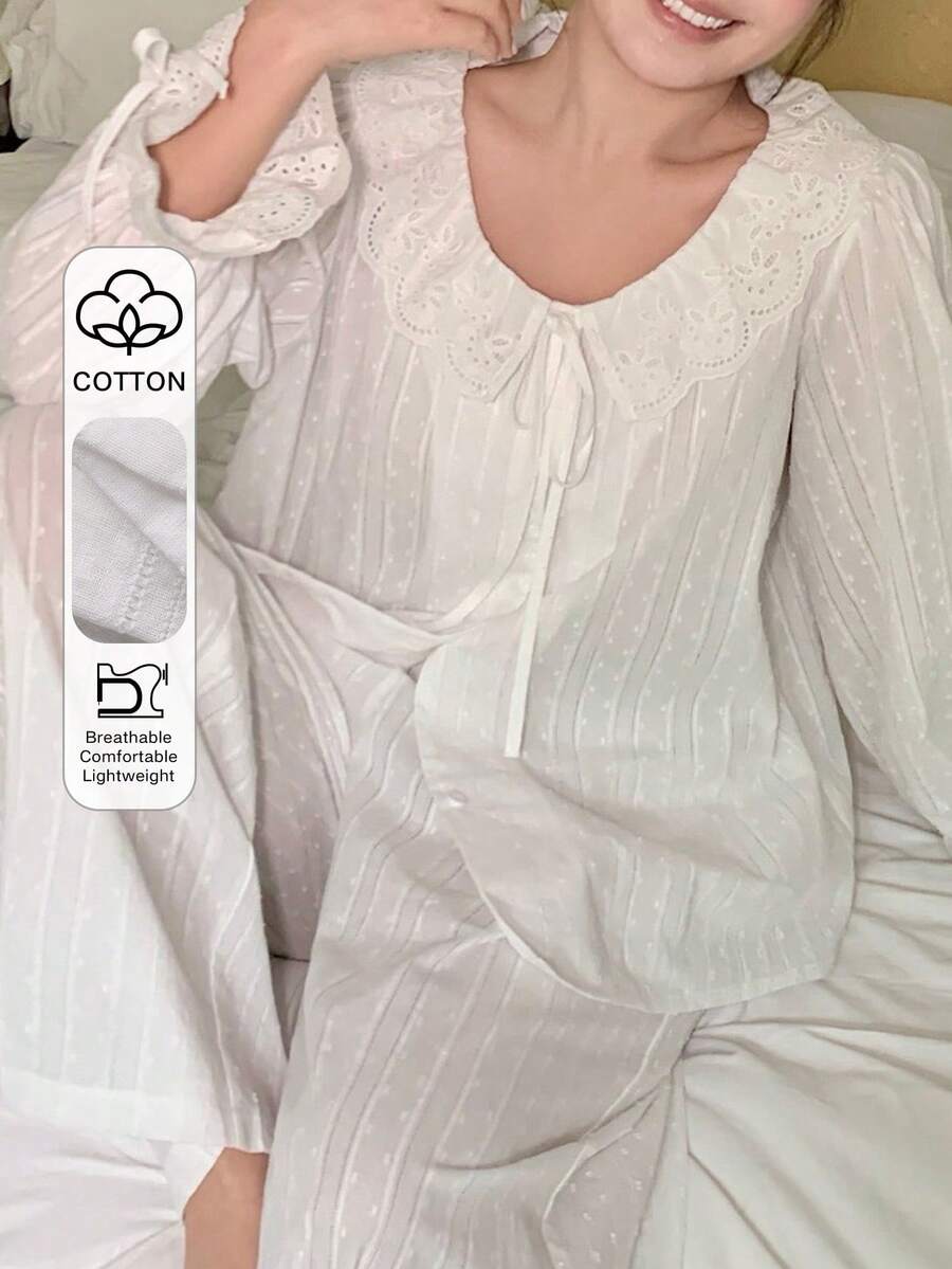 Dazy Plus Plus Size Women Comfortable Mesh Embroidered Long Sleeve Pajama Set - White - View 1