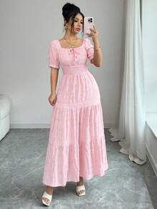 Elenzga Women's Elegant Waist Tie Petal Sleeve Dress, Summer - Baby Pink - View 6