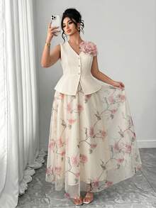 Elenzga Women's Elegant Summer Beige Wedding Guest Wedding Ninang Mesh Floral Print Set,Solid Color V-Neck Blouse With Metal Button,Dreamy Pink Set - Apricot - View 6