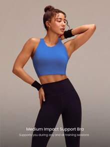 GLOWMODE Control Cutout Halter Round Neck Sports Bra Medium Impact Running Workout Gym Fall Winter - Blue - View 2