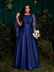 Roveilla Đầm maxi cỡ lớn dệt kim cổ áo choàng thêu, eo thắt, đầm dạ hội thanh lịch. - Màu xanh hải quân - Xem 1