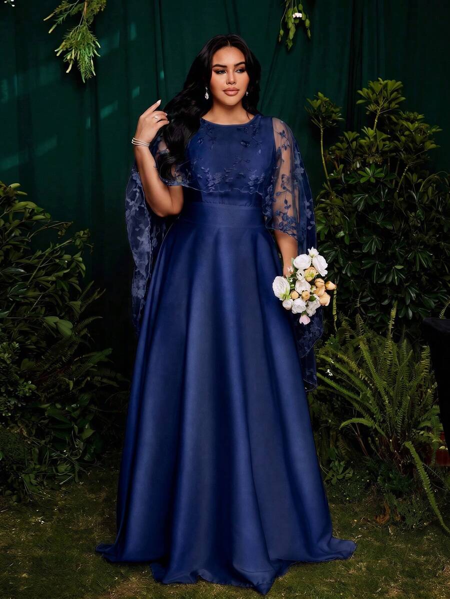 Roveilla Đầm maxi cỡ lớn dệt kim cổ áo choàng thêu, eo thắt, đầm dạ hội thanh lịch. - Màu xanh hải quân - Xem 1