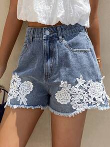 Livesso Quần short denim nữ thêu họa tiết, đa năng, có túi cài nút, thích hợp cho kỳ nghỉ. - Màu xanh lam - Xem 6