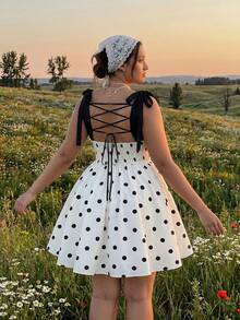 SHEIN MOD Đầm chấm bi dáng rộng lãng mạn hở lưng thắt nơ dành cho nữ, thích hợp cho các buổi hẹn hò, tiệc tùng, lễ hội, tiệc trà, sinh nhật, kỳ nghỉ, ngày lễ tình nhân, đầm hoa, trang phục xuân/hè, tiệc tùng, ngày lễ, sinh nhật, lễ hội, đám cưới. - Đen và trắng - Xem 1