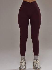 SHEIN X YERIMUA Musera Sport Cross Front Leggings Co-Ord Bottom Only Padel Winter Activewear Sport Gym Workout Alloy - Burgundy - View 3