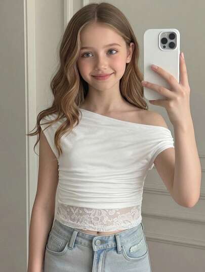 Girlism Tween Girls' Spring/Summer New White Knit Contrast Lace Elegant Casual Minimalist Asymmetric Ruched Cropped Top, Suitable For Spring/Summer, Casual, Stylish Outfit