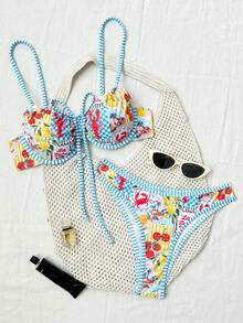 Swim Mod 2pcs/Set Lemon Shrimp & Ocean Print Spaghetti Strap Padded Back Closure Contrast Trim Casual Vacation Bikini Swimwear For Women - Multicolor - View 6