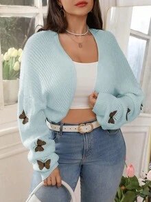 EMERY ROSE Plus Size Women Solid Color Knitted Butterfly Embroidered Short Cardigan, Fashionable And Versatile For Autumn/Winter Teacher Light Blue Cute - Baby Blue - View 5