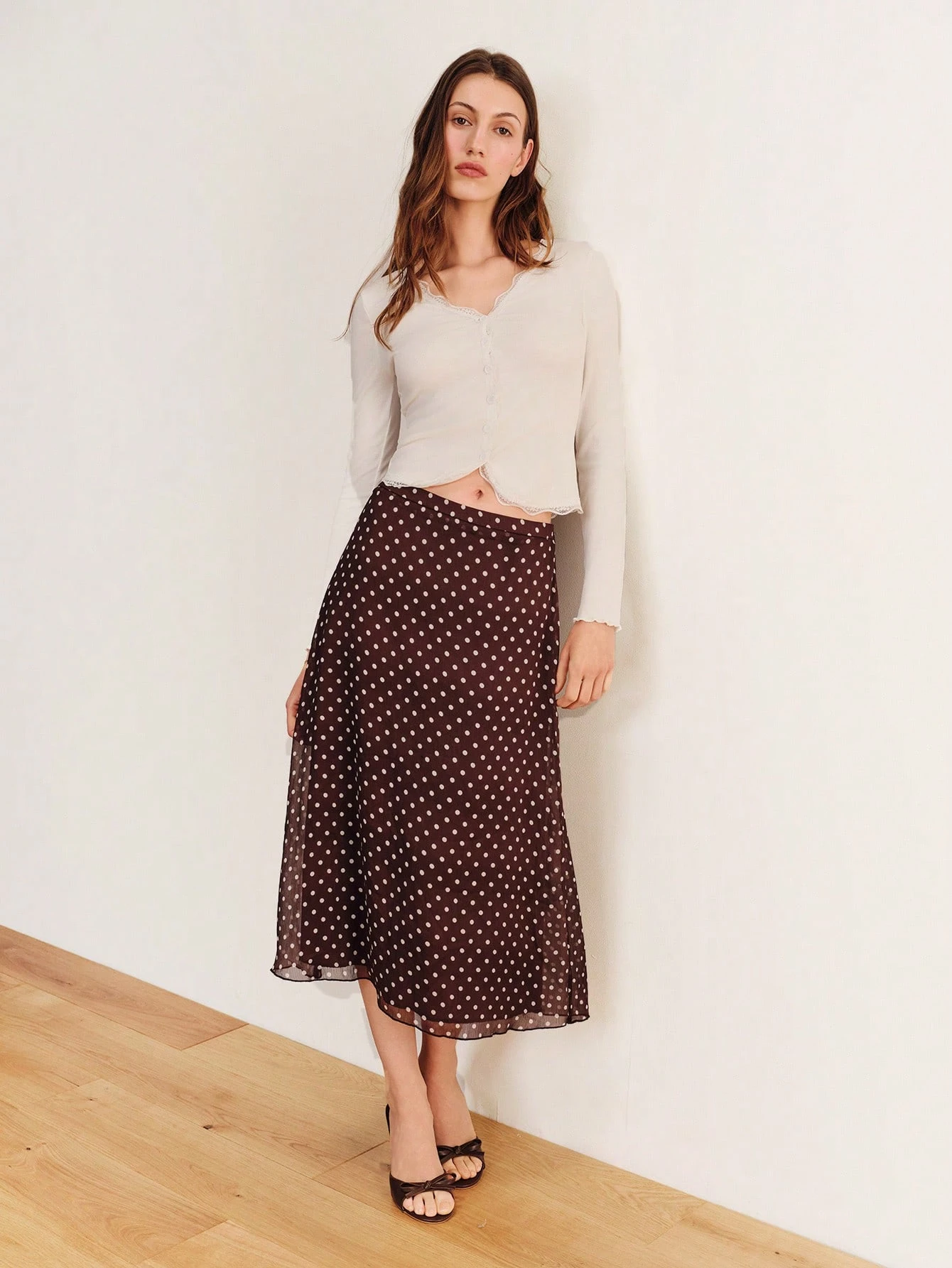 Brown Polka Dot Chiffon Midi Skirt Spring Summer Going Out Work Outfit Holiday Outfit VIntage Skirt French Style Skirt Polkadot Skirt Casual Vacation Outfit Chic