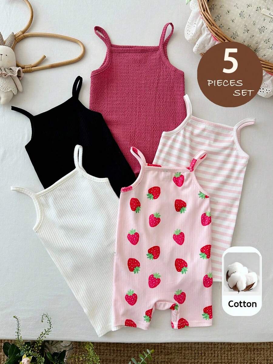 SHEIN Set de 5 piezas de pelele de bebé niña con estampado de rayas y fresas, de punto sólido - Multicolor - Ver 1