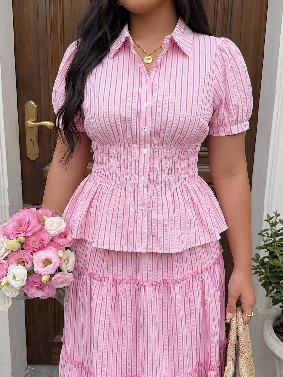 SHEIN MOD Áo kiểu nữ cỡ lớn mùa hè dáng suông kẻ sọc tay cánh hoa - Hồng - Xem 1