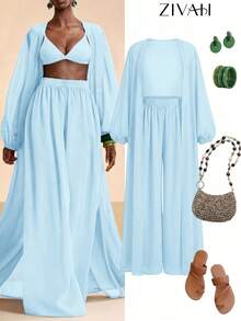Zivah 2026 Vacation Casual Beach Elegant Shirt + Pants Coverup Set - Baby Blue - View 8