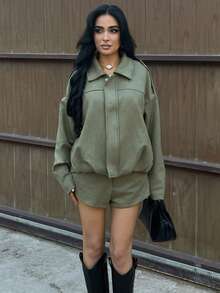 AfricaSnchz Women's Regular Faux Suede Long Sleeve Single Breasted Loose Casual Jacket, For Spring, Women's Pocket Metal Button Short Military Green Jacket Suitable For Spring And Autumn - Army Green - View 1