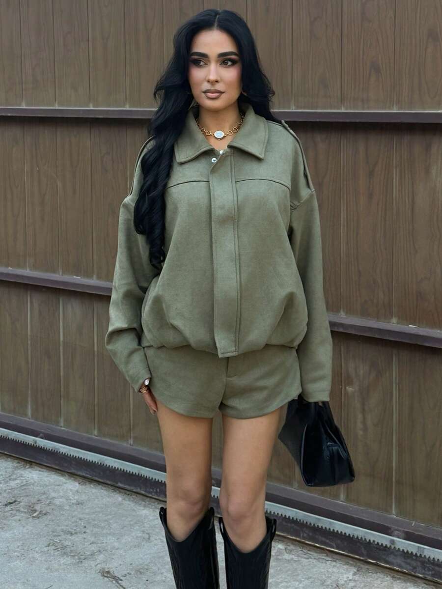 AfricaSnchz Women's Regular Faux Suede Long Sleeve Single Breasted Loose Casual Jacket, For Spring, Women's Pocket Metal Button Short Military Green Jacket Suitable For Spring And Autumn - Army Green - View 1