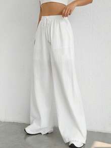 SHEIN PETITE CURVE 大码女式纯色抽绳腰带口袋休闲日常裤 - 白色 - 查看 2