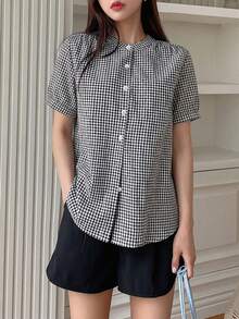 DAZY Women's Casual Plaid Print Bubble Short Sleeve Shirt, Suitable For Daily Wear And Commuting - Black and White - View 2