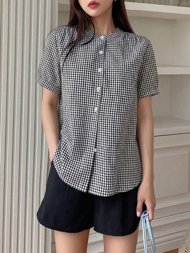Women's Casual Plaid Print Bubble Short Sleeve Shirt, Suitable For Daily Wear And Commuting