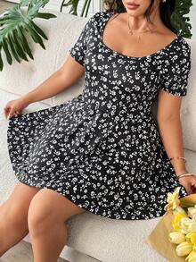 SHEIN EZwear 大码女式休闲碎花圆领短袖连体裤，夏季 - 彩色 - 查看 4