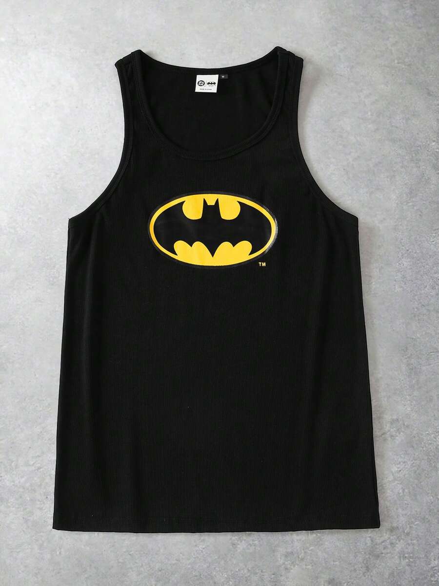 BATMAN X SHEIN 男士圆领休闲百搭印花背心 - 黑色 - 查看 1