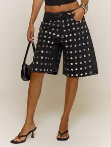 MUSERA Low Rise Mirrored Disc Wide Leg Denim Jorts Sexy Spring Summer Evening Cute Elegant Date Night Festival Vacation Ibiza Club - Black - View 2